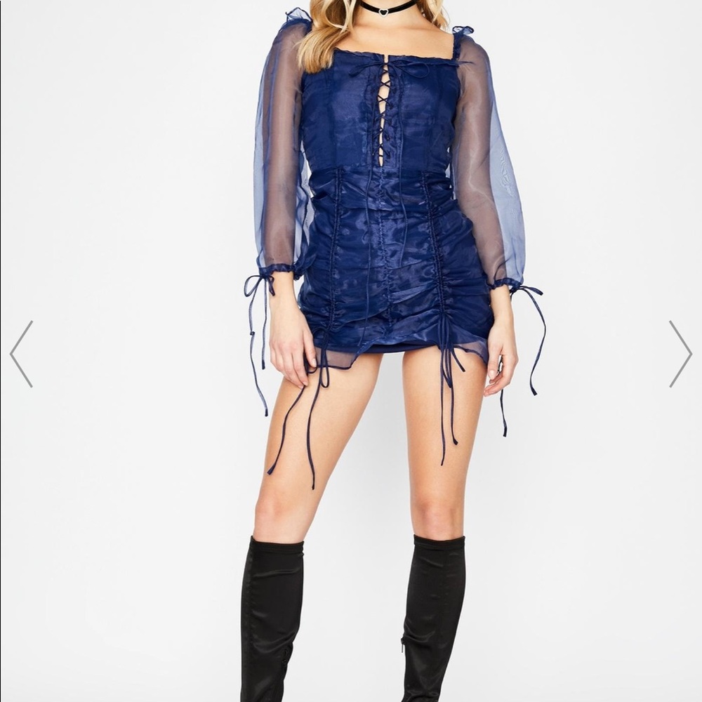 Navy blue puffy sleeve lace up runched mini dress